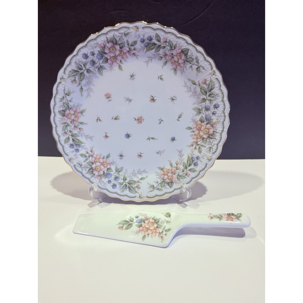 Andrea by Sadek Wild Rose Cake Plate & Server Set Pink Floral Gold Trim Japan